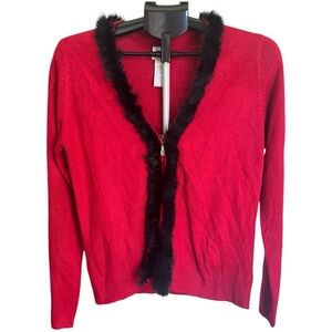 CLC Women’s Vintage Red Cardigan with Black Rabbit Fur Collar Size Medium
